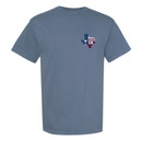 Blue Texas A&M T-shirt featuring a Texas-shaped state flag design with “Gig ’Em” text and Texas A&M logo on the back and chest.