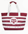 Texas A&M Aggies maroon and white cooler tote bag with ATM logo and striped design with Aggie phrases