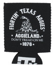Texas A&M Aggies black koozie with Fightin Texas Aggies 1876 graphic on one side and ATM Texas outline logo on other