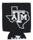 Texas A&M Aggies black koozie with Fightin Texas Aggies 1876 graphic on one side and ATM Texas outline logo on other