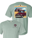 Texas A&M Aggies green t shirt with small front logo and vintage truck graphic on back with Texas A&M University text