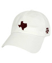 Texas A&M Aggies white baseball cap with maroon Texas state outline on front and small Texas A&M logo on side