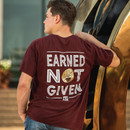 Texas A&M Aggies maroon t shirt with Earned Not Given design and Aggie Ring graphic on back and Texas Aggies text on front