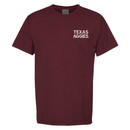 Texas A&M Aggies maroon t shirt with Earned Not Given design and Aggie Ring graphic on back and Texas Aggies text on front