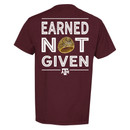 Texas A&M Aggies maroon t shirt with Earned Not Given design and Aggie Ring graphic on back and Texas Aggies text on front
