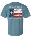 Back design of a Texas flag, with a red, white, and blue fish in the corresponding flag locations with "TEXAS TRIO" centered above the flag. Back design of a Texas flag, with a red, white, and blue fish in the corresponding flag locations with "TEXAS TRIO" centered above the flag.
