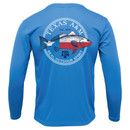 Circular back design with a fish in the middle, colored like the Texas Flag. Inside the circle says "TEXAS A&M REAL OUTDOOR SPIRIT." Circular back design with a fish in the middle, colored like the Texas Flag. Inside the circle says "TEXAS A&M REAL OUTDOOR SPIRIT."
