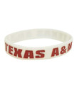 Texas A&M Aggies white silicone wristband with maroon Texas A&M text and logo wrapped around band