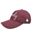 Texas A&M Aggies maroon baseball cap with howdy script text in white on front