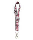 Texas A&M Aggies Disney key strap with maroon pattern, character icons, Aggies text, and metal clip attachment