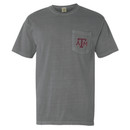 Texas A&M Aggies gray t shirt with circular Texas A&M graphic on back and chest pocket logo on front