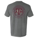 Texas A&M Aggies gray t shirt with circular Texas A&M graphic on back and chest pocket logo on front