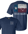 Texas A&M Aggies navy t shirt with Texas flag and state outline graphic on back and Texas Aggies text on front