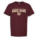 Texas A&M Aggies maroon t shirt with Fightin Texas Aggie Band Undefeated at Halftime graphic on back and smaller band design on front