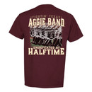 Texas A&M Aggies maroon t shirt with Fightin Texas Aggie Band Undefeated at Halftime graphic on back and smaller band design on front
