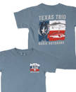 Front and back designs of the youth Texas Trio aggie outdoors t-shirt in ice blue. Front and back designs of the youth Texas Trio aggie outdoors t-shirt in ice blue.