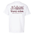 White Texas A&M pocket t shirt featuring maroon campus skyline graphic and Texas A&M University script on the back.