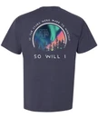 Full back circular design featuring northern lights and "if the stars were made to worship" printed above the top of the circle and "SO WILL I" centered below in white.