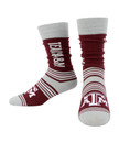 Texas A&M Aggies maroon and gray crew socks with stripe accents and Texas A&M text design