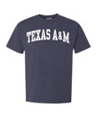 "TEXAS A&M" in white ink printed across the chest of an anchor slate colored t-shirt.