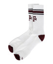 Texas A&M Aggies white crew socks with maroon toe and heel accents, stripe detail, and Texas A&M logo