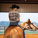 Texas A&M Aggies equestrian t shirt with front logo and back graphic showing multiple riding disciplines silhouettes