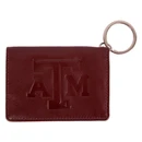 Texas A&M maroon leather ID holder and wallet with embossed ATM logo on front, clear ID window, snap closure, interior card pockets, and attached key ring
