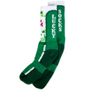 Texas A&M St Patrick’s Day green socks with shamrock pattern, maroon ATM logos, and contrasting heel and toe accents