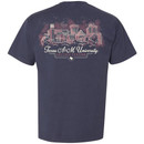 Navy Texas A&M t shirt with small Aggies logo on front chest and large detailed campus skyline illustration with Texas A&M University text on back