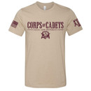 "Corps of Cadets" in maroon ink centered over the Texas A&M Corps logo centered on the front of the heather tan t-shirt.