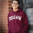 Maroon Texas A&M hoodie with white arched lettering on front