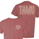 Front and back designs of the Aggies Floral TAMU short sleeve t-shirt in mauve. Front and back designs of the Aggies Floral TAMU short sleeve t-shirt in mauve.