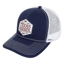 Navy and white Texas A&M trucker hat with embroidered vintage style Aggies patch on the front, white mesh back panels, contrast white stitching on the bill, and Texas A&M Aggies embroidery above the adjustable snapback closure on the back
