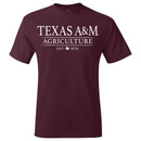 Maroon Texas A&M Agriculture short sleeve T-shirt featuring large white "Texas A&M Agriculture" lettering across the chest with "Est. 1876" printed below. Classic crew neck tee with a traditional collegiate design.