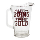 Clear glass pitcher featuring the "Going for the Gold" design in maroon lettering. Includes a sturdy handle and pouring spout, making it ideal for Aggie Ring Dunk celebrations, parties, and Texas A&M traditions.