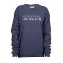 "Aggieland" centered below a single line skyline all embroidered in white across the chest of a dark blue crewneck sweatshirt.