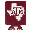 Maroon Texas A&M can cooler featuring the phrase "We Tailgate Harder Than Your Team Plays" on one side and the Texas A&M logo inside a Texas state outline on the reverse. Insulated koozie for game days and tailgates.