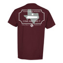 Maroon Texas A&M T-shirt featuring a small "Come and Take It" cannon graphic on the front chest and a large back design with the Texas outline, "Texas A&M Aggies" lettering, and the "Come and Take It" slogan.