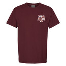 Maroon Texas A&M T-shirt featuring a small floral "Howdy" graphic on the front and a large floral "HOWDY" design with "texas a&m aggies" script across the back. Short sleeve tee for game days and everyday wear.