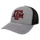 Texas A&M mesh trucker hat featuring a heather gray front, black mesh back, curved bill, and raised embroidered maroon Texas A&M logo. Adjustable cap for game days, tailgates, and everyday wear.