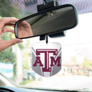 Texas A&M hanging car air freshener featuring a maroon Texas A&M logo on a gray and white geometric background with an attached black hanging cord. Stylish accessory for keeping your vehicle fresh.