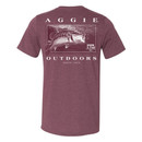 Full back rectangular design with a maroon and white bass under water, centered between the words "AGGIE OUTDOORS" in white ink above and below. Full back rectangular design with a maroon and white bass under water, centered between the words "AGGIE OUTDOORS" in white ink above and below.