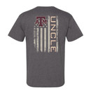Full back with a distressed vertical USA flag in all off-white ink. There is a maroon ATM logo over the stars and "UNCLE" outlined in maroon going down a stripe.