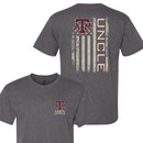 Charcoal heather Texas A&M Uncle T-shirt featuring a small Texas A&M Uncle graphic on the left chest and a distressed American flag design with the Texas A&M logo and vertical "UNCLE" lettering on the back.