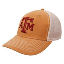 Texas A&M mesh trucker hat featuring a mustard gold front panel, white mesh back, curved bill with contrast stitching, and a raised embroidered maroon Texas A&M logo. Adjustable cap for game days and everyday wear.