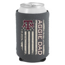 Charcoal gray Texas A&M Aggie Dad can cooler featuring the Texas A&M logo and "Aggie Dad" on the front with a distressed American flag design and vertical "Aggie Dad" graphic on the back. Insulated sleeve for canned beverages.