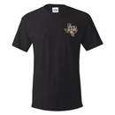 Black Texas A&M T-shirt featuring a small Texas state outline logo on the left chest and a large distressed camouflage American flag with the Texas A&M logo on the back. Short sleeve tee for game days and everyday wear.