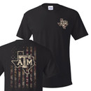 Black Texas A&M T-shirt featuring a small Texas state outline logo on the left chest and a large distressed camouflage American flag with the Texas A&M logo on the back. Short sleeve tee for game days and everyday wear.