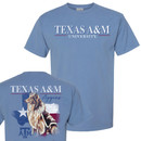 Light blue Texas A&M T-shirt featuring "Texas A&M University" on the front and a large back graphic of Reveille in front of a distressed American flag with the Texas A&M logo.