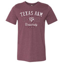 Heather maroon Texas A&M University t shirt with distressed 1876 collegiate graphic and Texas state ATM logo design